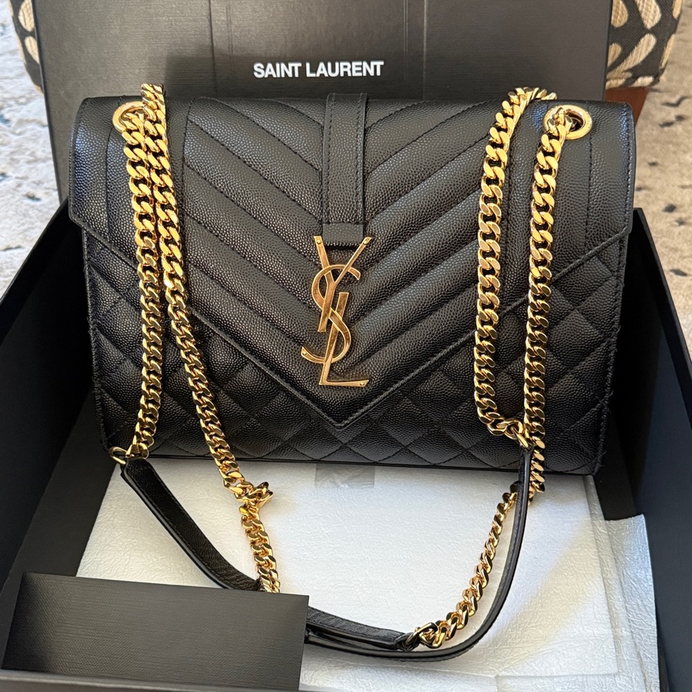 Saint Laurent Black Leather Bag with Gold Chain